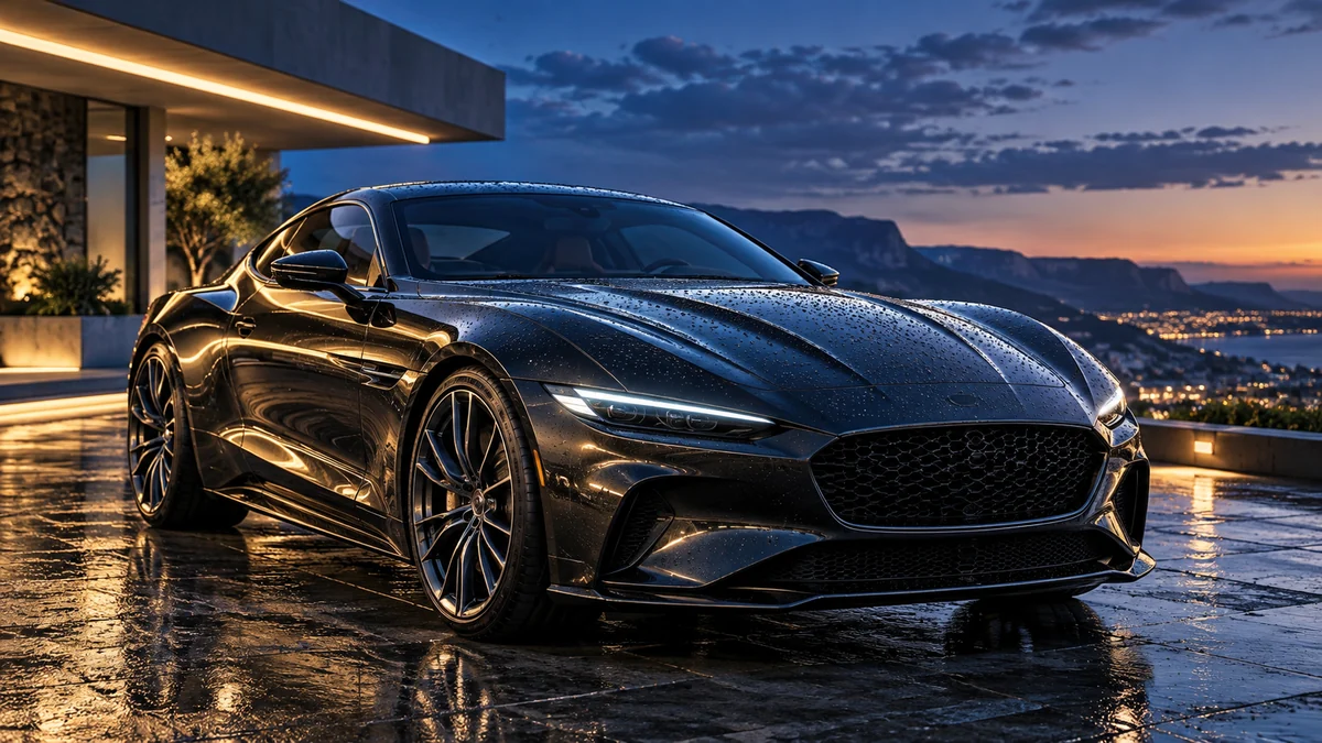 Graphite sports coupe with water beads and reflections at blue hour