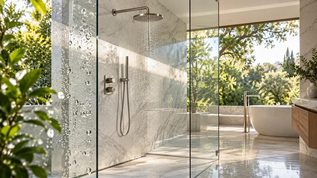 Sunlit bathroom with frameless shower glass and stainless steel fixtures