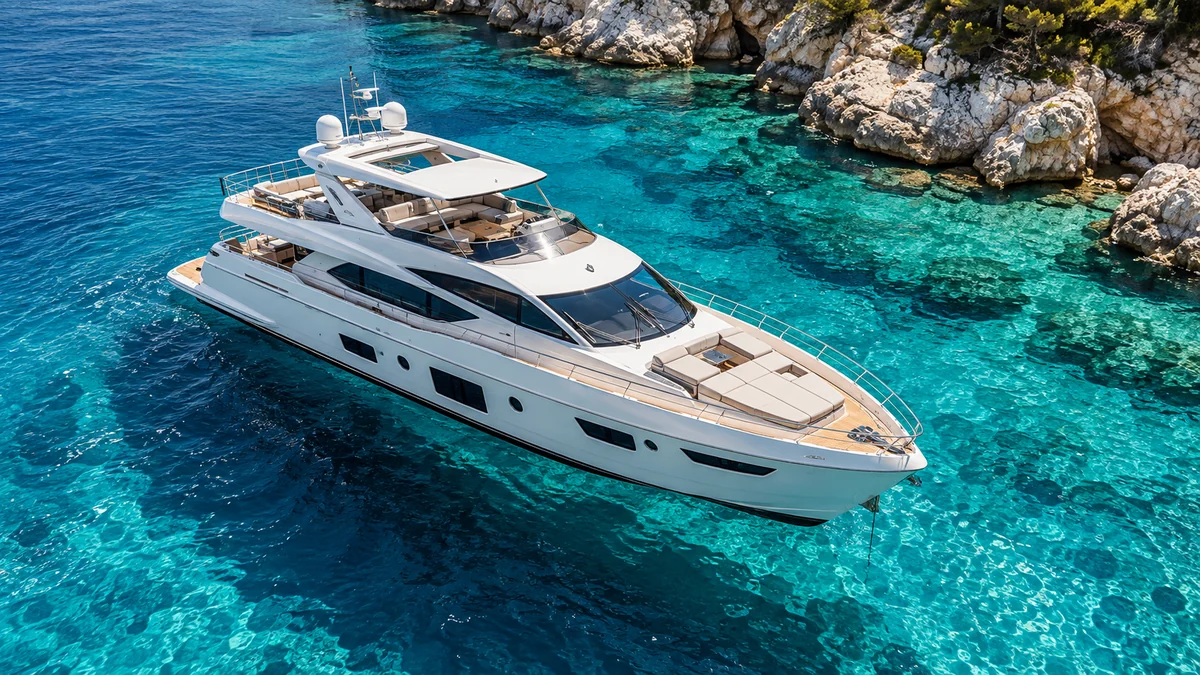 White motor yacht in clear turquoise Mediterranean water