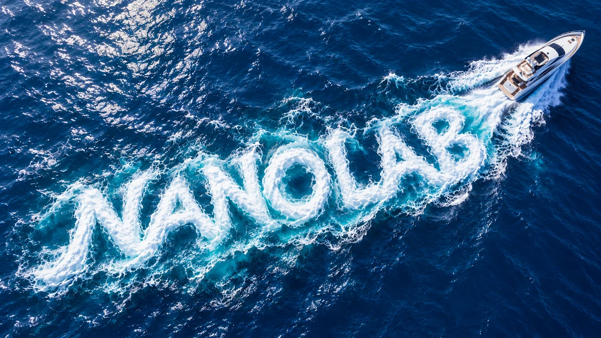 Creative aerial yacht scene with a foamy wake spelling NANOLAB across the blue sea