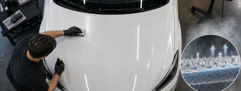 Editorial illustration: The Curing Stages of a Ceramic Coating on a Car: Air and Humidity Effects