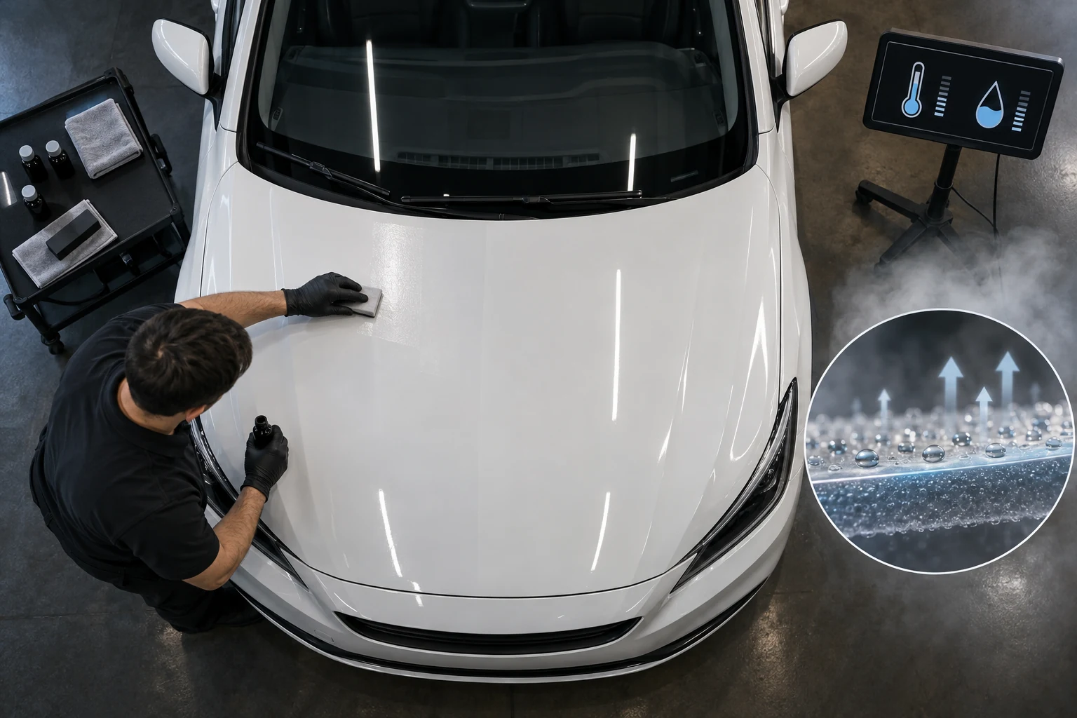 Editorial illustration: The Curing Stages of a Ceramic Coating on a Car: Air and Humidity Effects