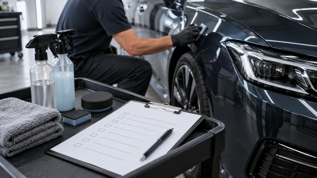 Editorial illustration: What a Ceramic Coating Maintenance Visit Should Record