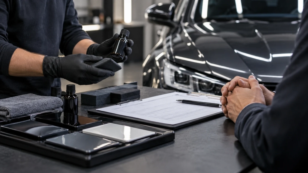 Editorial illustration: Ceramic Coating Warranty: Questions to Ask Before Installation