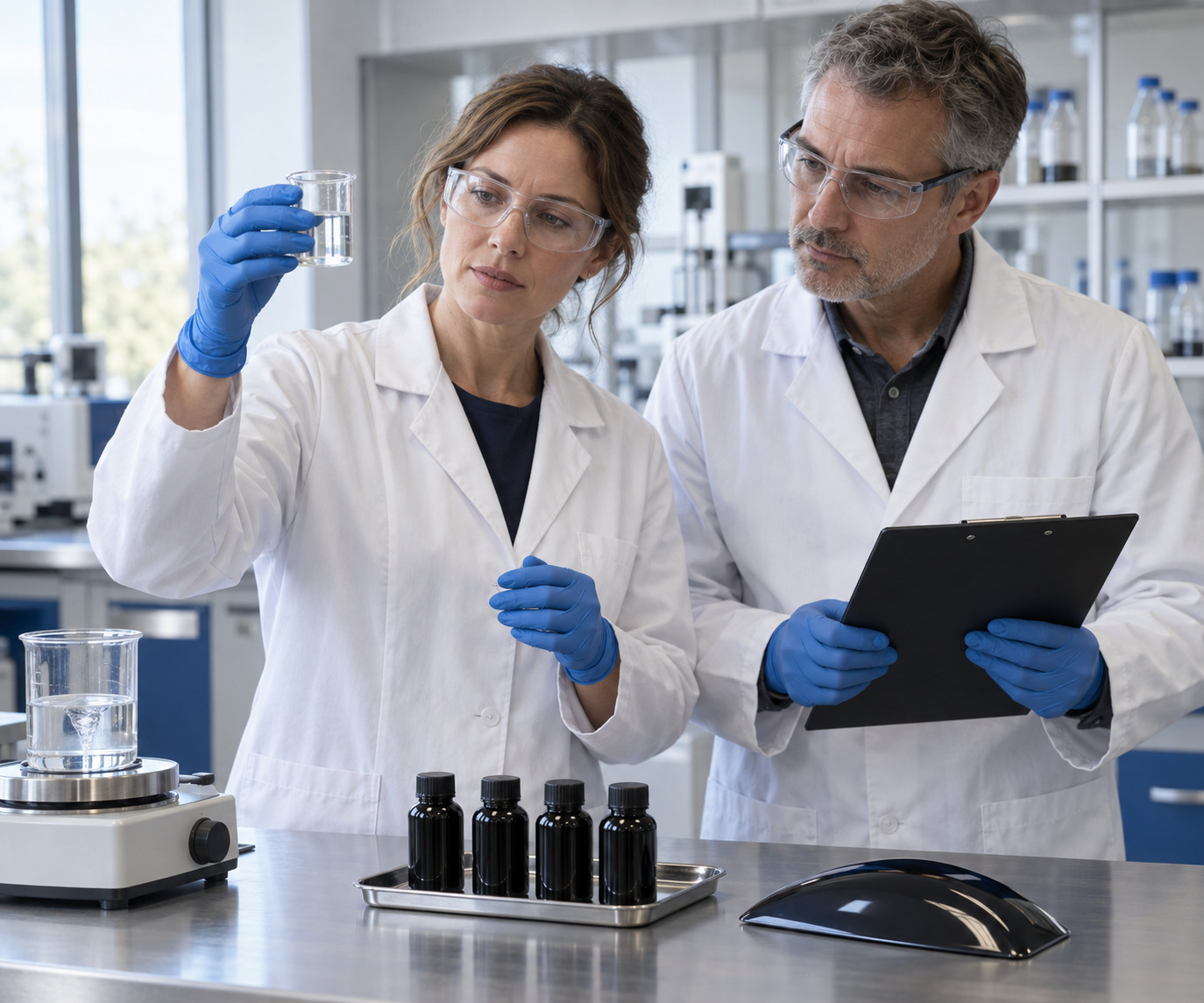 AI illustration of formulation specialists evaluating a ceramic coating sample in a laboratory