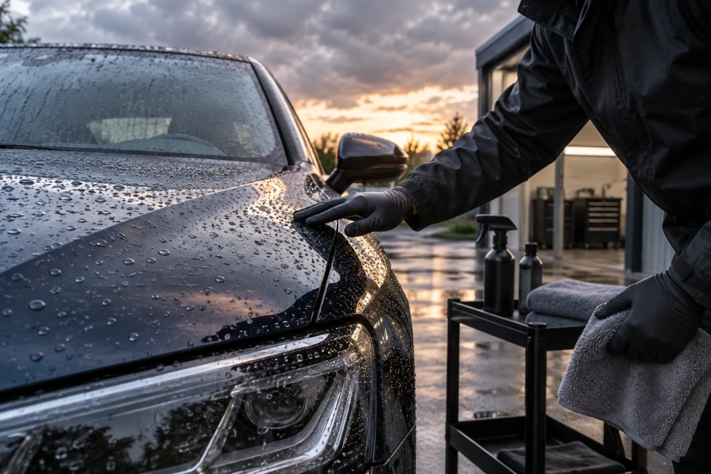 Editorial illustration: Rain on a Fresh Ceramic Coating: What to Do Next