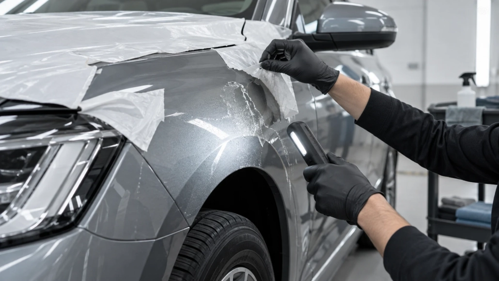 Editorial illustration: Transport Adhesive and Residue on a New Car Before Coating