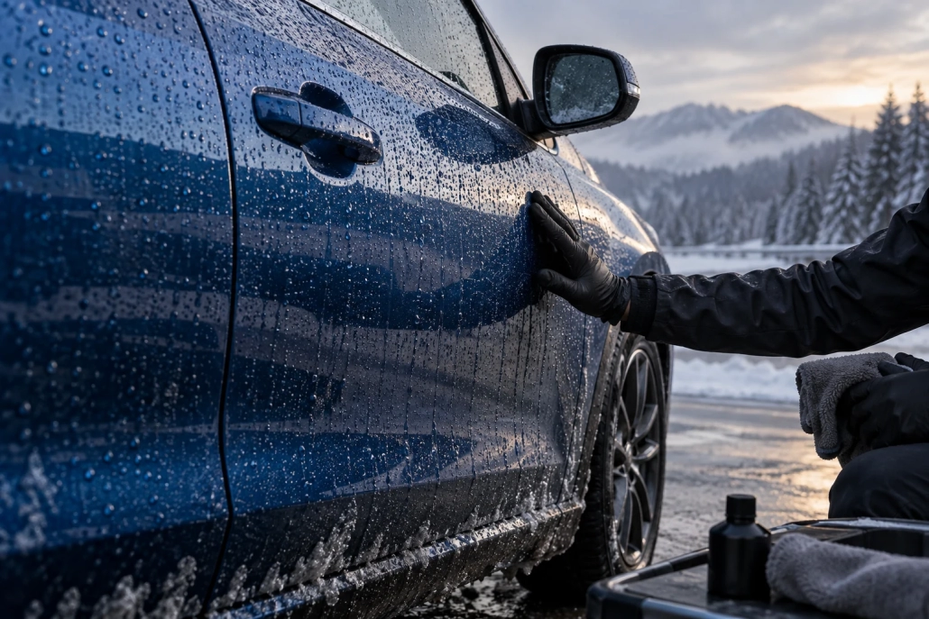 Editorial illustration: Ceramic Coating Care in Winter: Why Rain Is Not a Wash