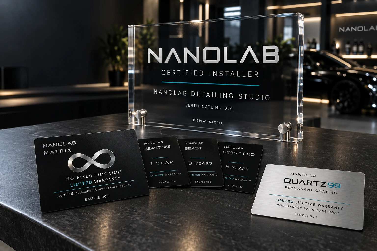 NANOLAB DETAILING STUDIO acrylic certificate number 000 and sample coating warranty cards