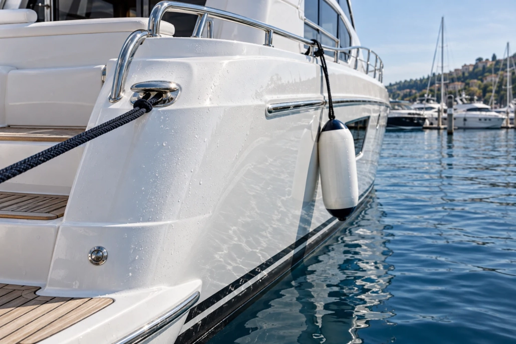 Illustration of a white yacht hull with water droplets and a clean fender at a marina