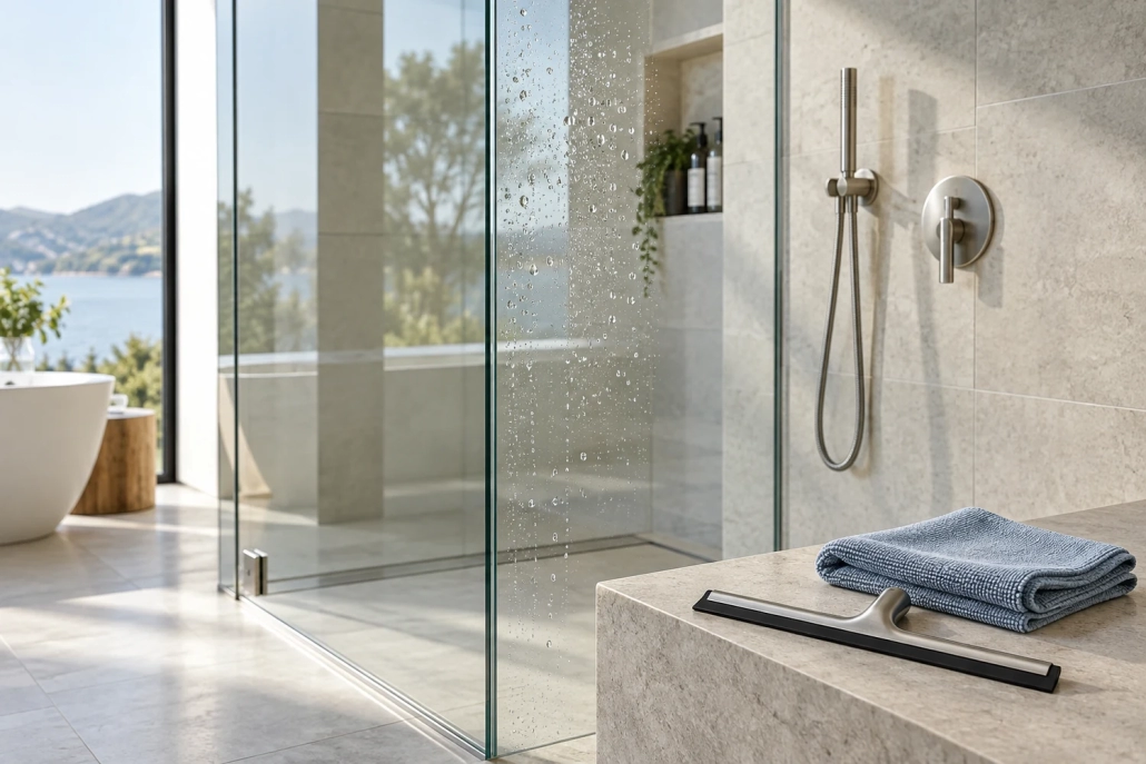 Illustration of a frameless shower screen with water droplets, a squeegee and folded microfiber