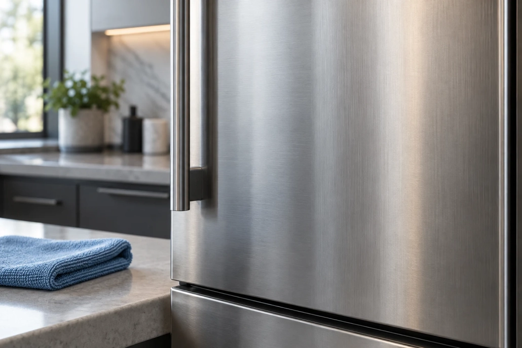 Illustration of a brushed stainless refrigerator exterior beside a folded blue microfiber cloth
